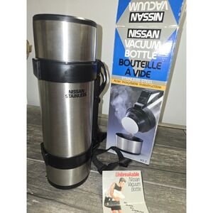 Vintage NISSAN Stainless Steel Thermos Vacuum Sealed Retractable Handle 34 oz.